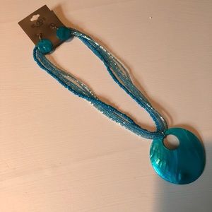 turquoise shell necklace with matching earrings.